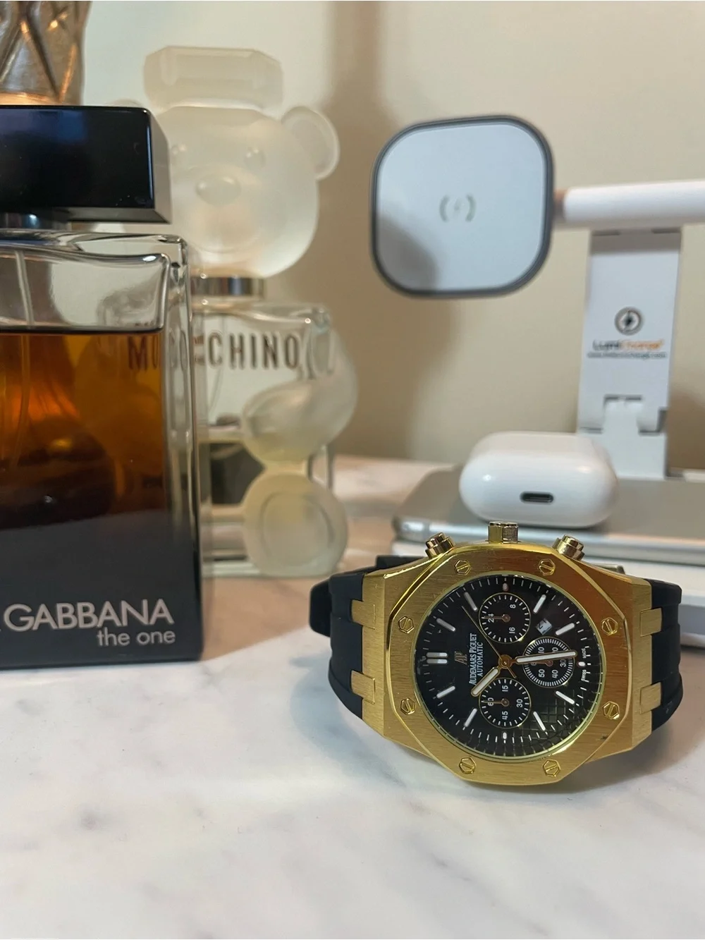 Gold-Tone Chronograph Men's Watch with Black Strap royal design
